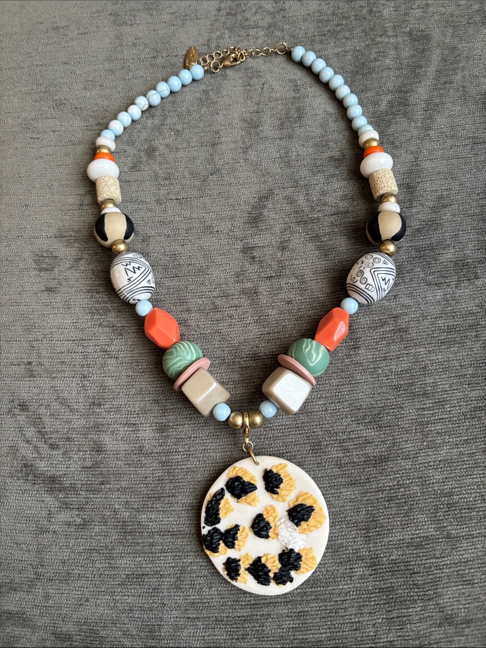 Plunder Blue, Coral, Green & Yellow Beaded Pendant Necklace